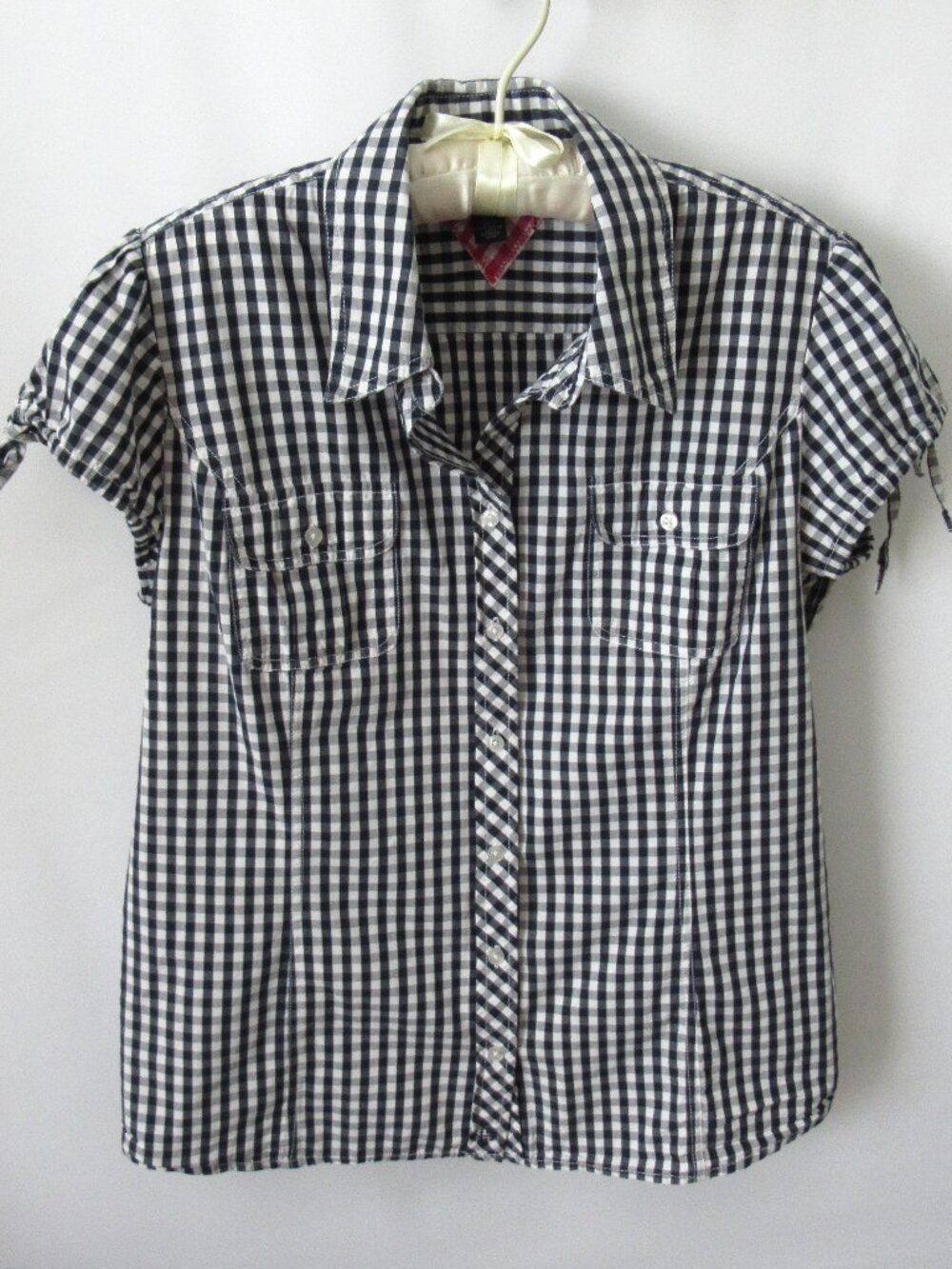 Tommy Hilfiger black white check short sleeve button front blouse *Sz L*
